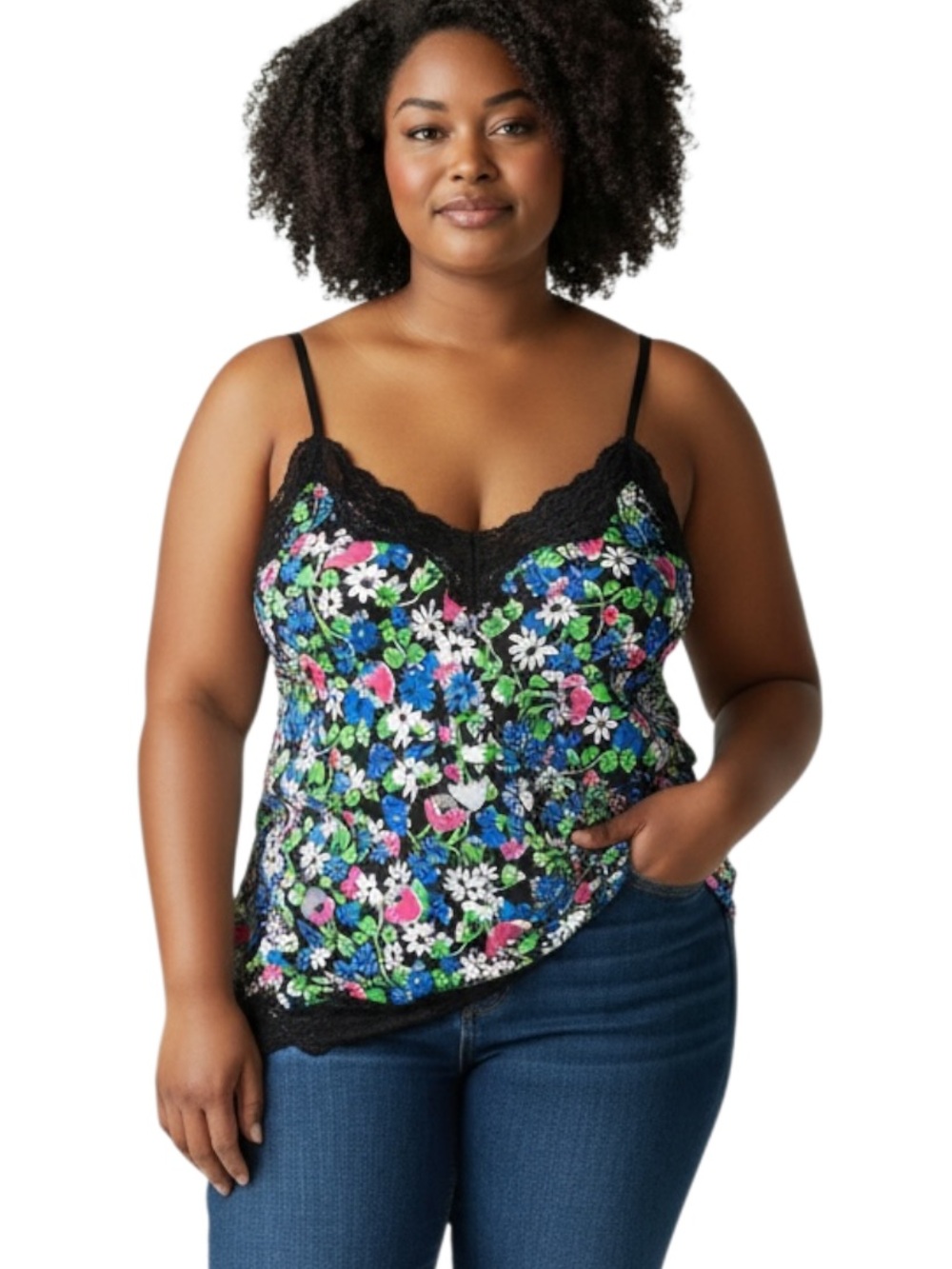 Lane Bryant Black Floral Lace-Trim Camisole with Multicolor Blooms